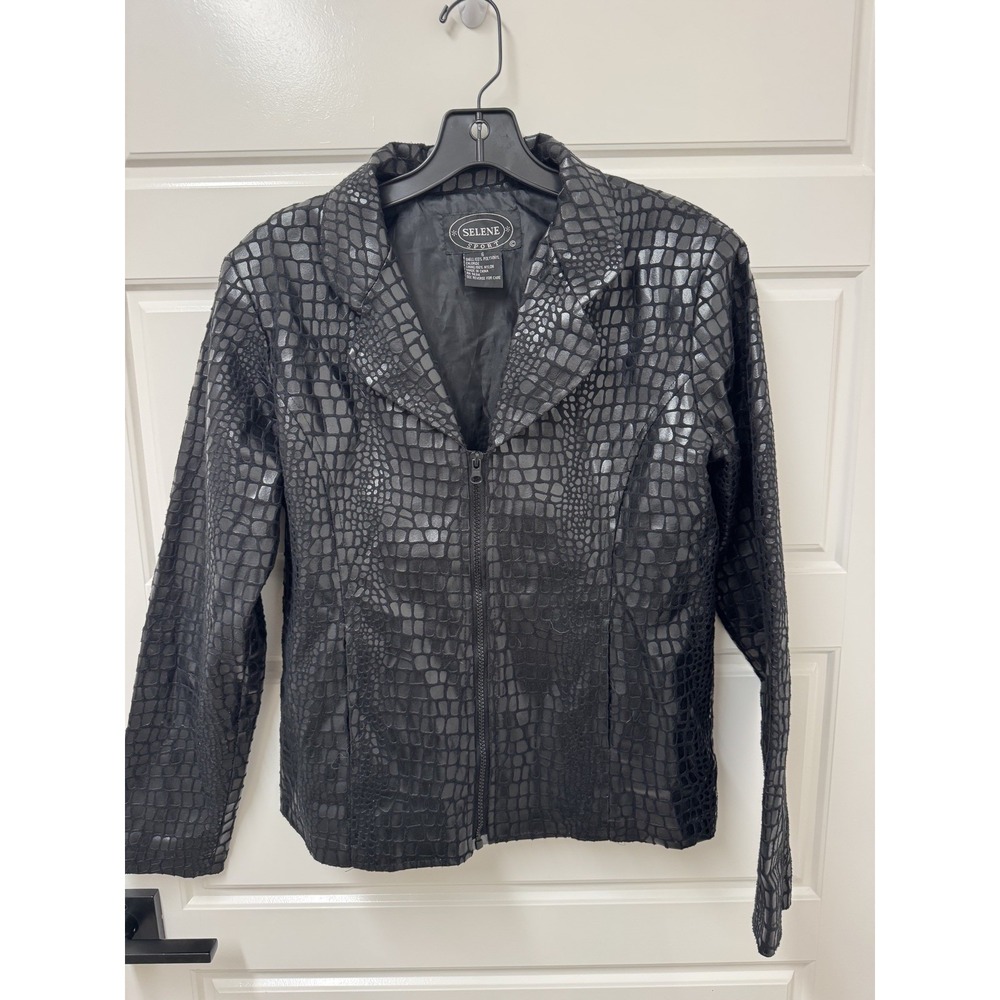 Vintage Selene Sport Black Crocodile Print Shiny Zip Front Jacket Womens Size 6